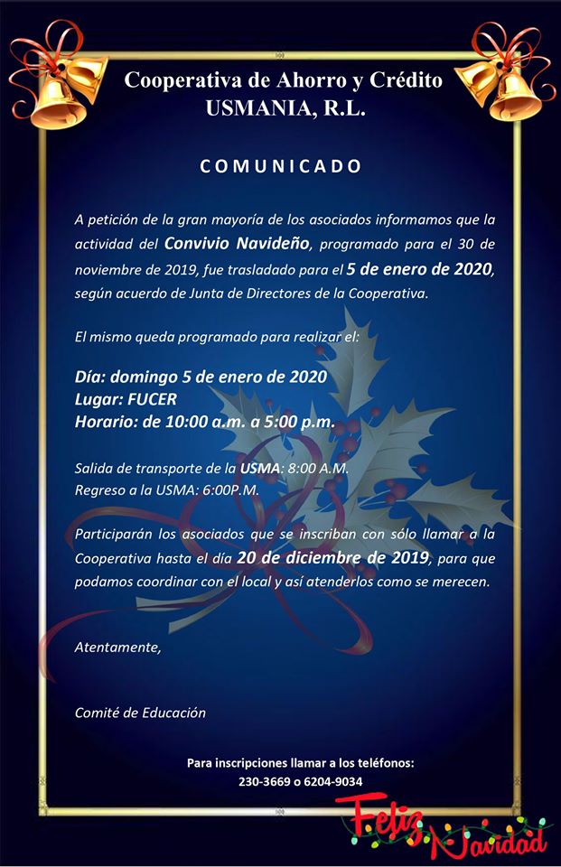  CAMBIO DE FECHA PARA EL CONVIVIO NAVIDEÑO